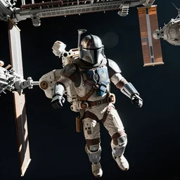 The Mandalorian floating in the interior of the International Space Station