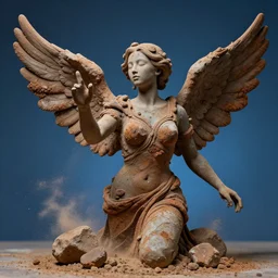 highly detailed photography of a woman made of rust clay and stone with wings, rocks, hand gesture, dust particles, dirt, dramatic scene, aesthetic dynamic lighting, masterpiece, by roberto ferri, blue background, high quality, spatula