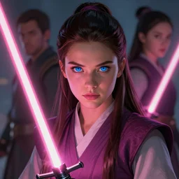 pretty blue eyed brunette girl!! pink lightsaber! jedi, gorgeous, fire emblem, art by artgerm and greg rutkowski and magali villeneuve, portrait, d & d, fantasy, highly detailed, digital painting, trending on artstation, concept art, sharp focus, illustration