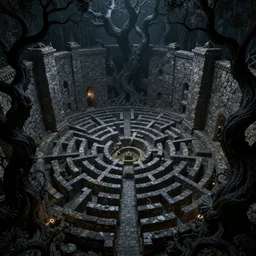 dense dark labyrinth, tall stone walls, gnarled black trees, night, volumetric lighting, 8 k octane beautifully detailed render, post - processing, extremely hyper - detailed, intricate, epic composition, intricate, trending on artstation, stunning art by anders zorn, wonderful masterpiece by frank frazetta