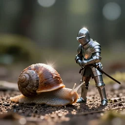 a tiny human knight in armor fighting an ordinary snail, lens flare, dramatic lighting, professional macro photography, kodachrome