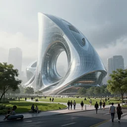 epic street view of a futuristic building made of glass and mercury, smooth parametric architecture, by zaha hadid, parks and green meadows, crowds of people, concept art, solarpunk, misty, dramatic lighting, cinematic, 8 k