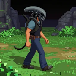 PS1 game  man walking in Alien Trilogy level, third person, PS1 game landscape