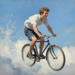 A painting of a joyful man flying in the sky, riding a bicycle in the clouds, action shot, subject is smiling, expressive oil painting