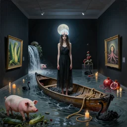 painting of a flooded art gallery, a tall emo girl, a glowing brain, moonlight, a smouldering canoe and knotted hemp rope, candles, art gallery interior with black walls, pigs, courgette, waterfall, pomegranates, octopus, zen, sensual, liminal space, black swans, berries, surrealist, by magritte and monet