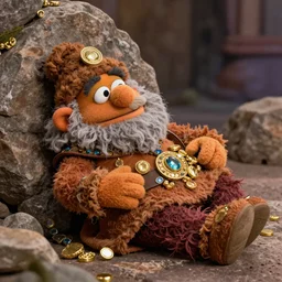 an artificer dwarf muppet with a big beard and an obsession for gold and gems who loves to sleep on rocky terrain, sesame street, photograph, photography, ultrarealistic, national geographic