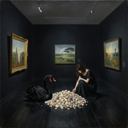 painting of a flooded art gallery room at a nagasaki art gallery, zen, black walls, japan black wooden floorboards, a tall emo woman counting a pile of seashells in a dark room, a black swan, surrealist, by magritte and monet