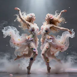 dance of 2 humanoids made of infinite flowing sheer petals, covered in splashes and strokes of paint, clouds, smoke and flowers, feminine, muscular, flowing cloth, pastel 8 k, rendered in cinema 4 d, ultra realistic, atmospheric, cinematic, golden ratio. hyperrealism, biblical, baroque, renaissance painting, crystals, rays of light, trending on artstation