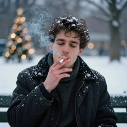 close up front side view, man sitting on park bench on christmas eve smoking cigarette snowing snowy. cigarette glowing embers smoke volumetric c4d. harsh lighting, live action photo 1993 film. bokeh Christmas lights in the background
