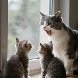 an angry gray and white cat yelling at a window. two terrified kittens watch