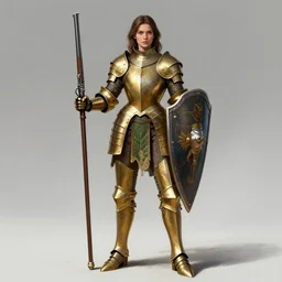 full body portrait of a female italian warrior medium length brown hair and a very highly detailed face wearing elegant golden plate mail armor with green and white accents, holding a tall tower shield and a long flintlock pistol, highly detailed, artstation, cgsociety, character concept art, sharp focus, illustration, art by michael komarck and greg rutkowski and alphonse mucha