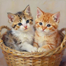 highly detailed painting of cute furry calico and ginger tabby kittens cuddled up in a basket by william turner, thick brush strokes and visible paint layers, 4 k resolution