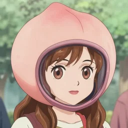 anime emma watson wearing a giant peach helmet