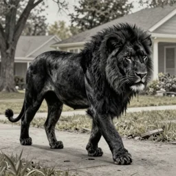the black lioness made of ferrofluid, walking in the suburban neighborhood, dripping tar. animal drawing, drawing, environment art, realistic, detailed