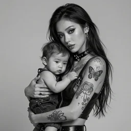 Hot young woman, grey skin, tattoos, wearing leather and cuddling her little brother concept art