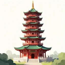 digital painting of a pagoda with green and red accents, tea drinking and paper lanterns