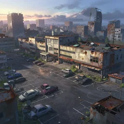 the parking lot of a shopping mall in a post - apocalyptic destroyed ruined rusted city at dawn, cars, a fantasy digital painting by makoto shinkai, trending on artstation, highly detailed