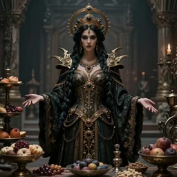 a full body portrait of a goddess of feast and famine, ominous, cinematic shot, realistic, photography, depth of field, ornate, intricate detail, finely detailed, photorealistic, epic, high definition, 8 k, artstation, midjourney, irwin penn