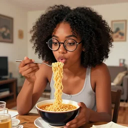 beautiful african american young woman with large round glasses, wearing a tanktop, eating ramen in her messy apartment, digital art by Artgerm, Mark Arian, Rolf Armstrong