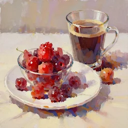 breakfast with shiny berries and a big coffee, oil painting, glassware, thick strokes, vibrant, colorful, bright, reflections, sunlit, sharp, subsurface scattering, sharp edges, hazy, field of view