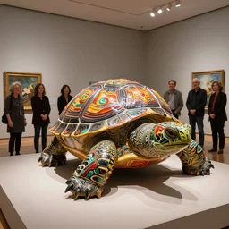 etablishing wide view shot of stunning colorful intriguing polished painted massive turtle clay sculpture of a mythic animal by beth cavener in museum. ellen jewett, beth cavener, sayaka ganz, edouard martinet, john o'reilly and judith klausner
