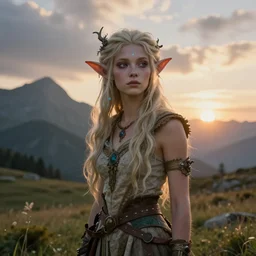 mystical nature sprite with beautiful face and clothes in a beautiful alpine high moorland landscape, Fai, sunrise, in the style of Boris Vallejo, Artstation