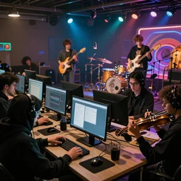a string quartet playing, computer hackers typing, space age concert, a band pic from a psychedelic band