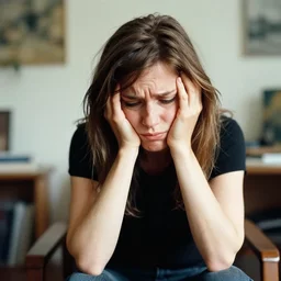 a photograph of a cringing artist worrying that ai could replace them in the near future, 1 0 0 mm, medium shot, portrait photography by annie leibovitz