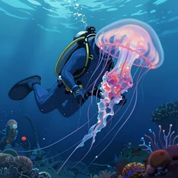 key visual of deepsea diver ; jellyfish ;, drawn by shigenori soejima, finely detailed feature, hadalpelagic zone, deroo, pixiv top monthly, trending on artstation, cinematic, danbooru, zerochan art, kyoto animation, studio trigger