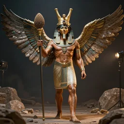 enlil sumerian god, holding a strobilus in his left hand, wings, unreal 5, hyperrealistic, realistic, photorealistic, dynamic lighting, highly detailed, cinematic landscape, studio landscape, studio lighting