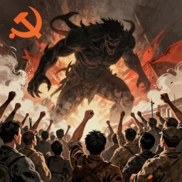 the masses rising up against the shadow monster, communist propaganda poster style, digital art, 8K HD