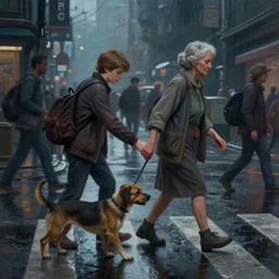 a matte spiritual painting of a young boy and his pet dog helping an old woman to cross a busy bladerunner street, moody settings, rainy evening, water reflection on the floor, Ray tracing, detailed render . digital painting by Greg Rutkowski and James Gurney, trending on Artstation, highly detailed