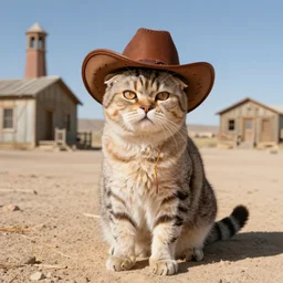 a photo of scottish fold cat wearing cowboy hat, posing in the deserted us desert ghost town