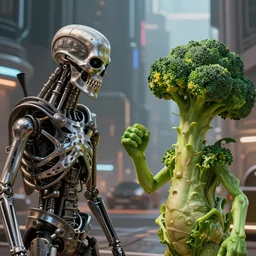 portrait of the terminator talking to a broccoli man in a futuristic city in the year 2 8 5 4, highly detailed, digital painting, artstation, 8 k