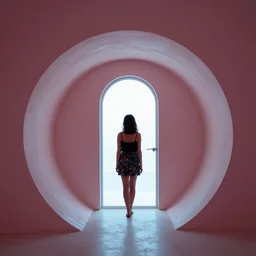 A photograph of a woman standing in a spiral shape interior space with an arched door glowing white at the end, neon colors,F3.5,ISO640,18mm,1/60,Canon EOS 90D.