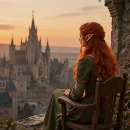 beautiful redhead elf sitting on a chair looking at an elven city from a high tower at an orange dusk, render