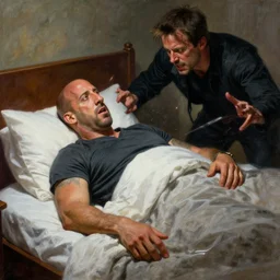 vin diesel is in his bed, nervous and terrified, because a paul walker from hell is attacking him. highly detailed painting by gaston bussiere, j. c. leyendecker, greg rutkowski, craig mullins 8 k