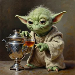 an extremely well painted and super detailed oil painting of yoda drinking tea from samovar, professional painting by beeple, dynamic lighting, trending on artstation, octane render, realistic fur, sharp focus