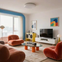 retro futuristic apartment, 7 0 s hi fi system, funky furniture, modern art