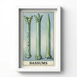the three of wands card as drawn by studio ghibli, whole card, white frame