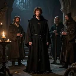 jesse eisenberg as an enigmatic medieval christian ( ( monk ) ). dark shadows, colorful, candle light, law contrasts, ( ( dim light ) ) ) fantasy concept art by jakub rozalski, jan matejko, and j. dickenson