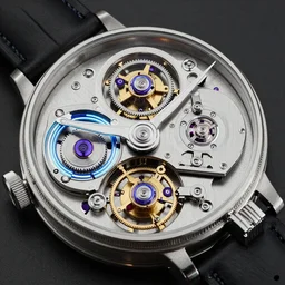 the mechanism of a steampunk Jaquet Droz Skelet-One Tourbillon, highly detailed illustration highlights, gold and silver highlights, neon blue highlights, macro photography, F/2.8, trending on artstation, octane render