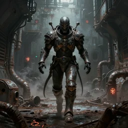 horror movie scene of an individual in doomslayer armor running through a desolate deep space mining station, rusty metal walls, broken pipes, demonic symbols glow on the floor, full body character portrait, dark colors, muted colors, tense atmosphere, mist floats in the air, amazing value control, dead space, moody colors, dramatic lighting, ussg ishimura, frank frazetta