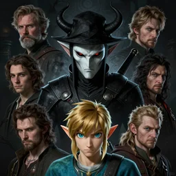 8 k headshot of godlike evil majora masked link with black phrygian cap made of shadow the hero of time by craig mullins, ilya kuvshinov, krenz cushart, epic, artgerm trending on artstation by edward hopper and dan mumford and wlop and rutkovsky, beksinski carl spitzweg moebius and tuomas kocar, intricate artwork by caravaggio, unreal engine 5, lumen, nanite