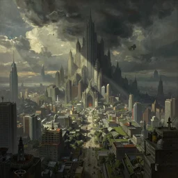 a megalopolis in the style of Dystopian gothic surrealism painting
