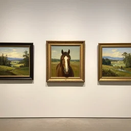 in the art gallery, three landscape paintings are displayed side by side, and the middle one is a painting of a horse's head sticking out of the frame.
