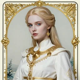 portrait of a alluring young priestess in ornamental white robes, gold accessories, face details, blond hair, ponytail, white skin, blue eyes, low fantasy, sharp focus, award - winning, masterpiece, highly detailed, intricate, by rebecca guay, rossdraws, tarot card border