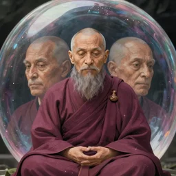 a film still portrait of a mauve old monk meditating inside a bubble. finely detailed features, closeup at the faces, chronenberg, perfect art, grimdark, trending on pixiv fanbox, painted by studio ghibli