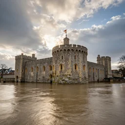 Dover castle surrounded by floodwater, England, dramatic lighting, god rays, cinematic, epic, HDR