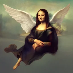 mona lisa as angel flying through the air, digital art